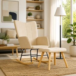 Elegant Cream Fabric Rocking Chair with Stool