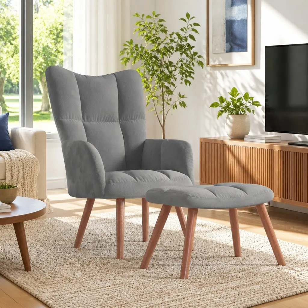 Velvet Grey Armchair with Matching Stool
