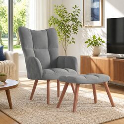 Premium Velvet Grey Armchair with Matching Stool