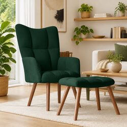 Stylish Green Velvet Armchair with Stool for Relaxation
