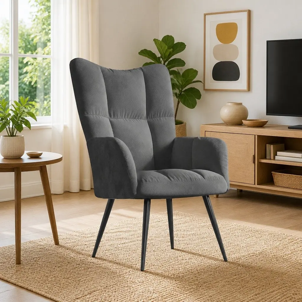 Relaxing Armchair Grey Velvet Upholstered Lounge Chair Comfortable Seating