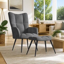 Stylish Grey Velvet Relaxing Chair with Footstool