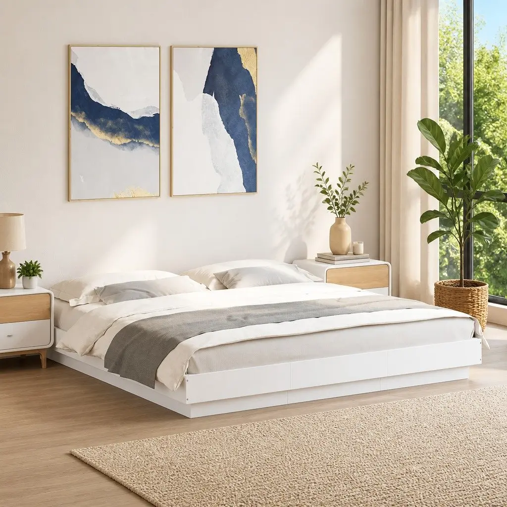 RGB LED King Bed Frame White 183x203 cm Durable Wood