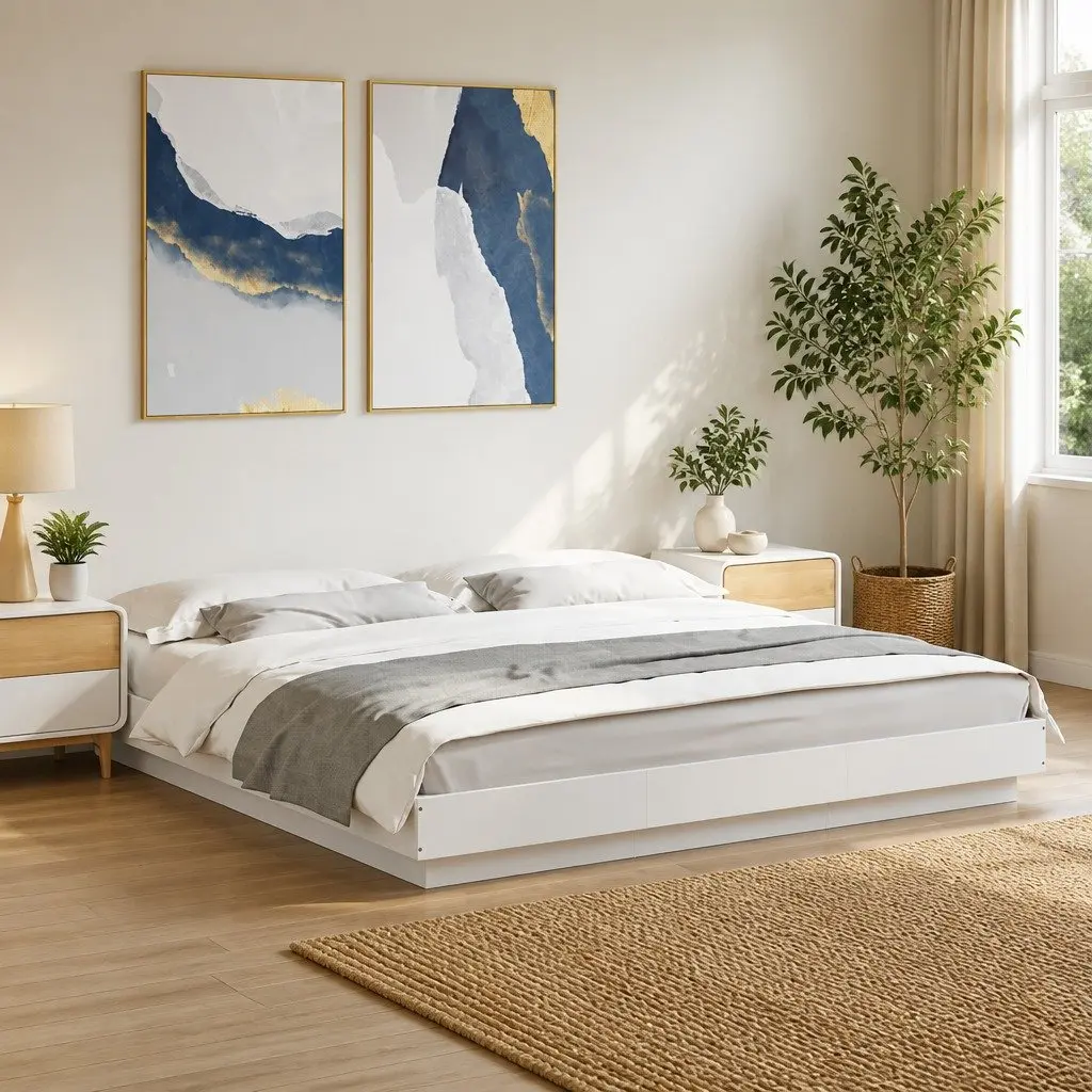 King Bed Frame 183x203cm in White with Slatted Base