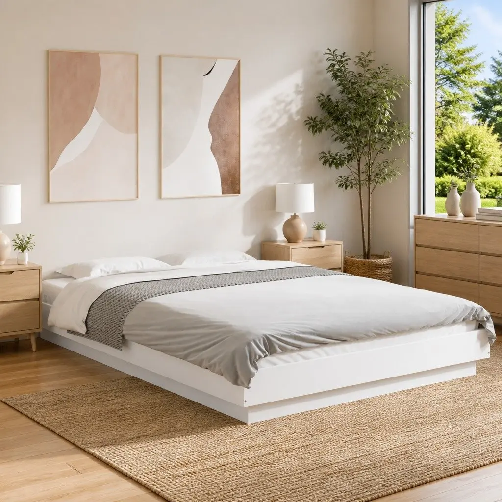 White Bed Frame 135x190 cm with Slatted Base