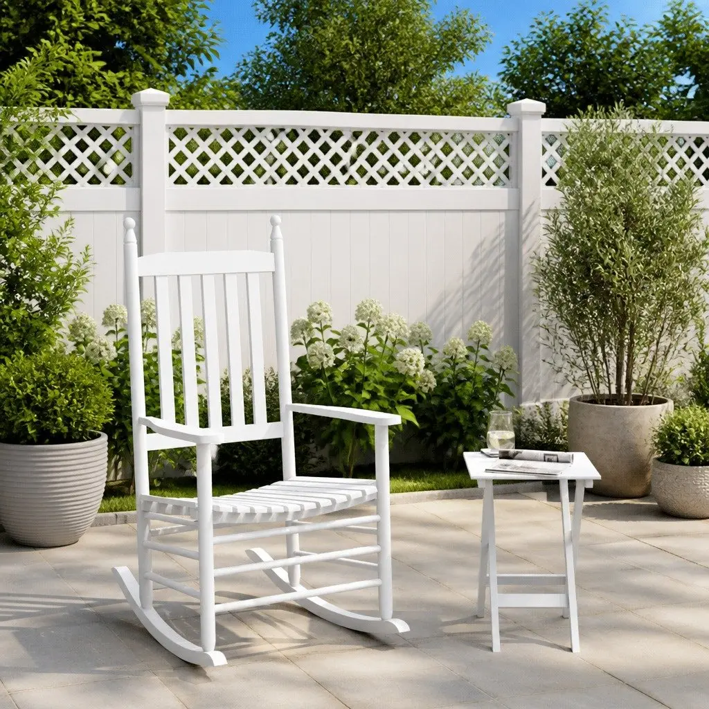 Rocking Chair Set 2-Piece White Wooden Armrests Foldable Table Patio Furniture