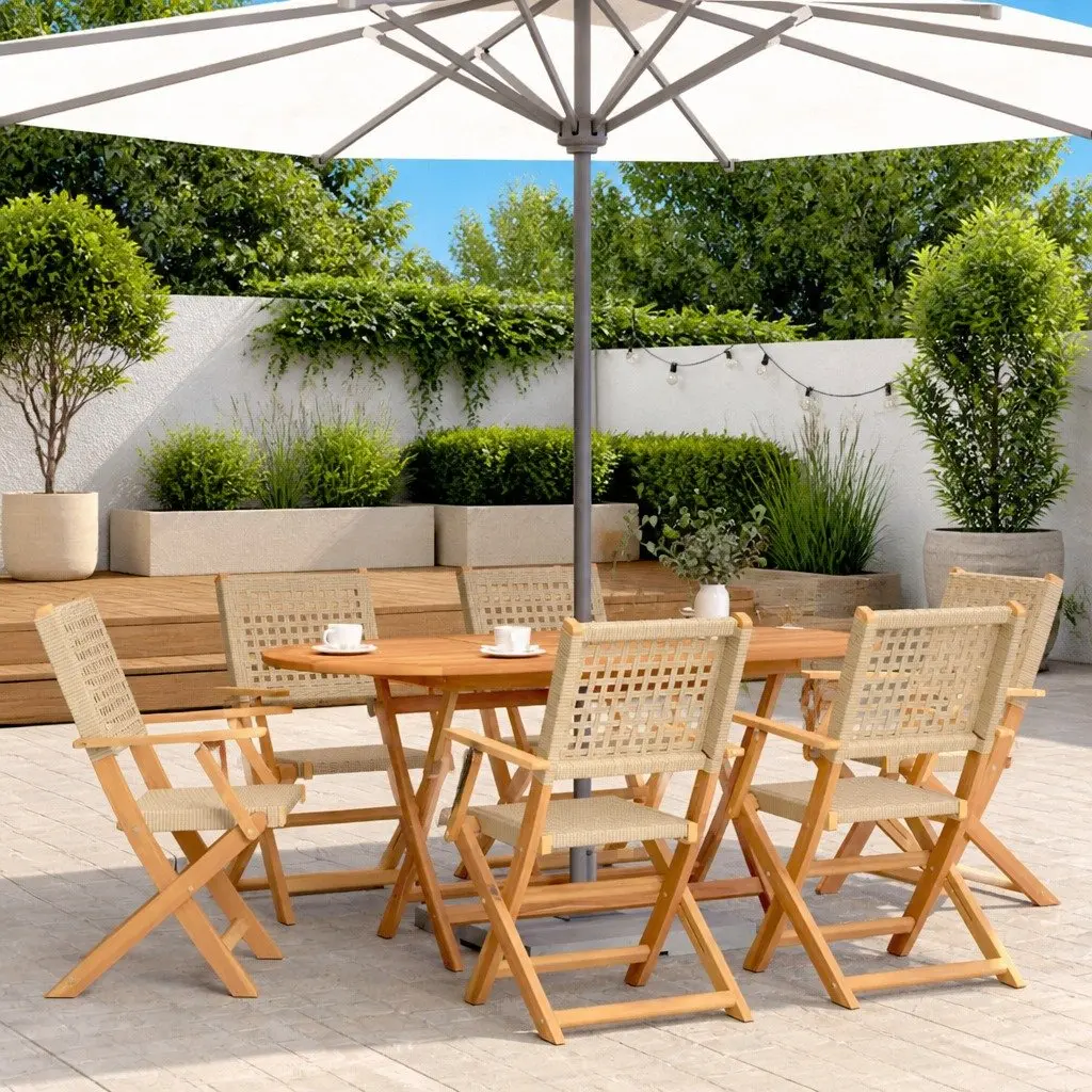 7 Piece Outdoor Dining Set Acacia Wood PE Poly Rattan Beige