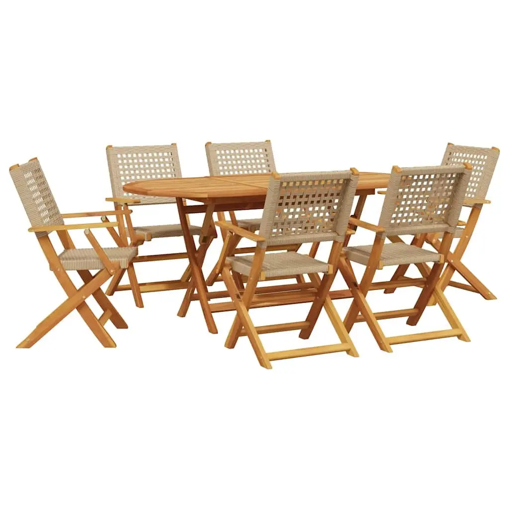 7 Piece Outdoor Dining Set Acacia Wood PE Poly Rattan Beige