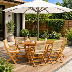 Premium 7 Piece Outdoor Dining Set - Beige Acacia Table & Chairs