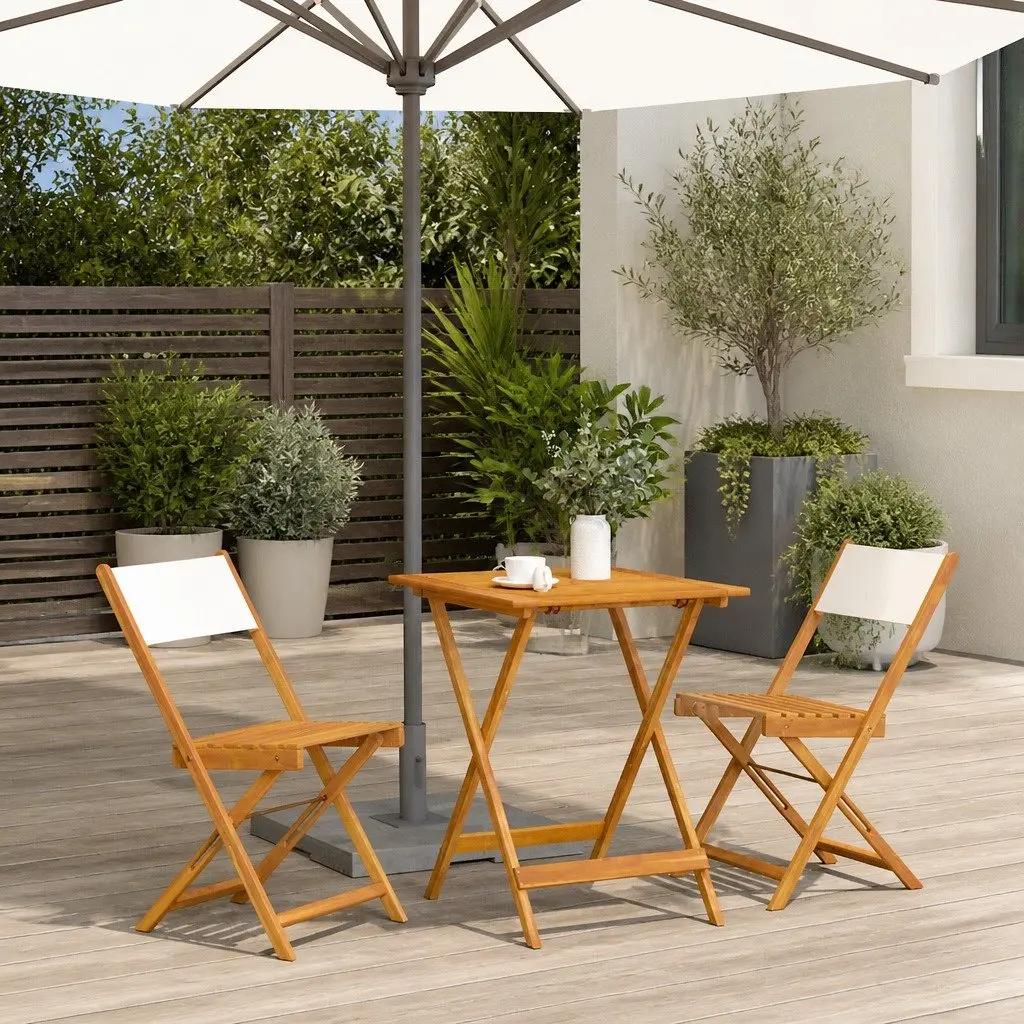 3 Piece Bistro Set Solid Acacia Wood White Cream Foldable Outdoor Garden Patio Furniture