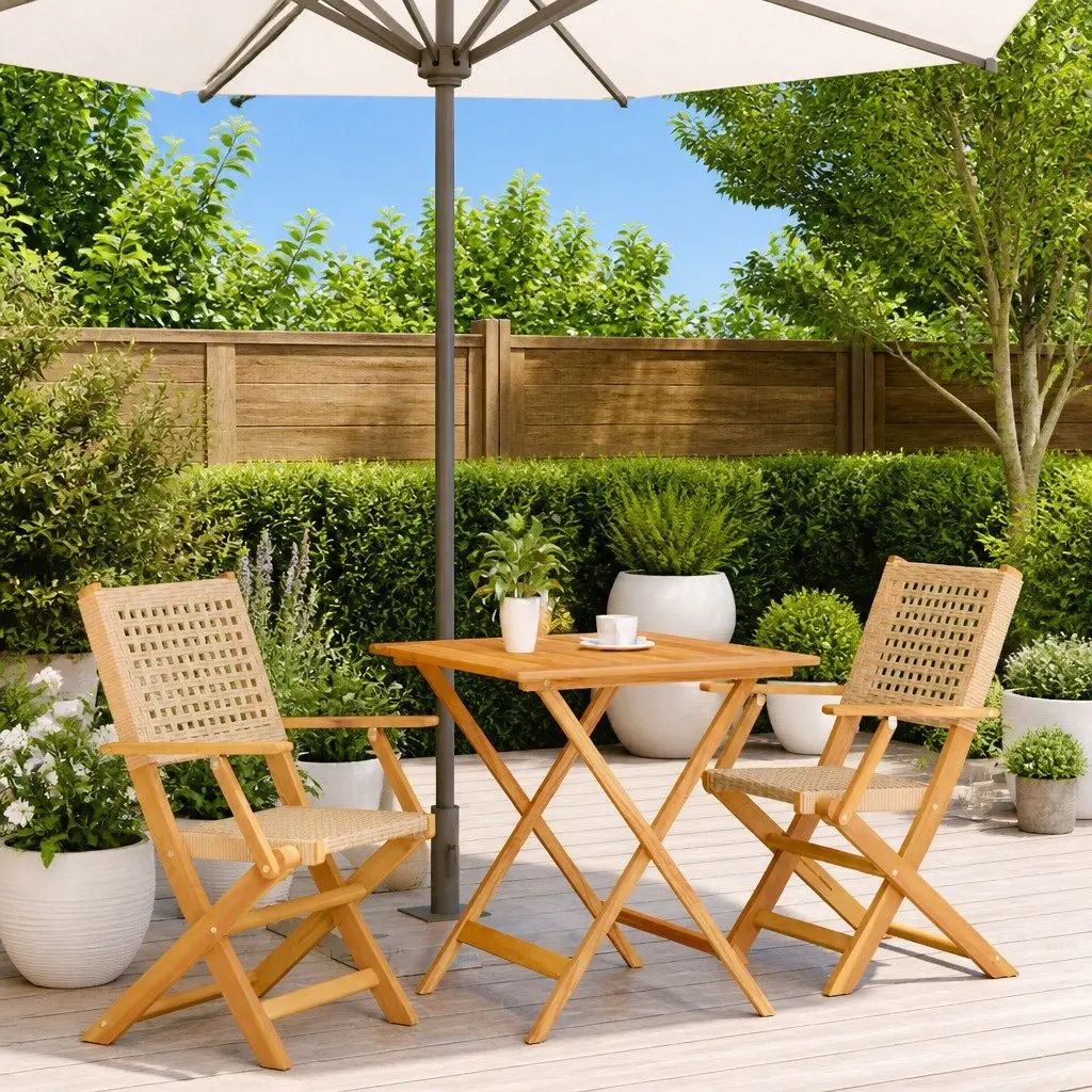 Bistro Set Poly Rattan Solid Wood 3 Piece Beige Garden Patio Furniture