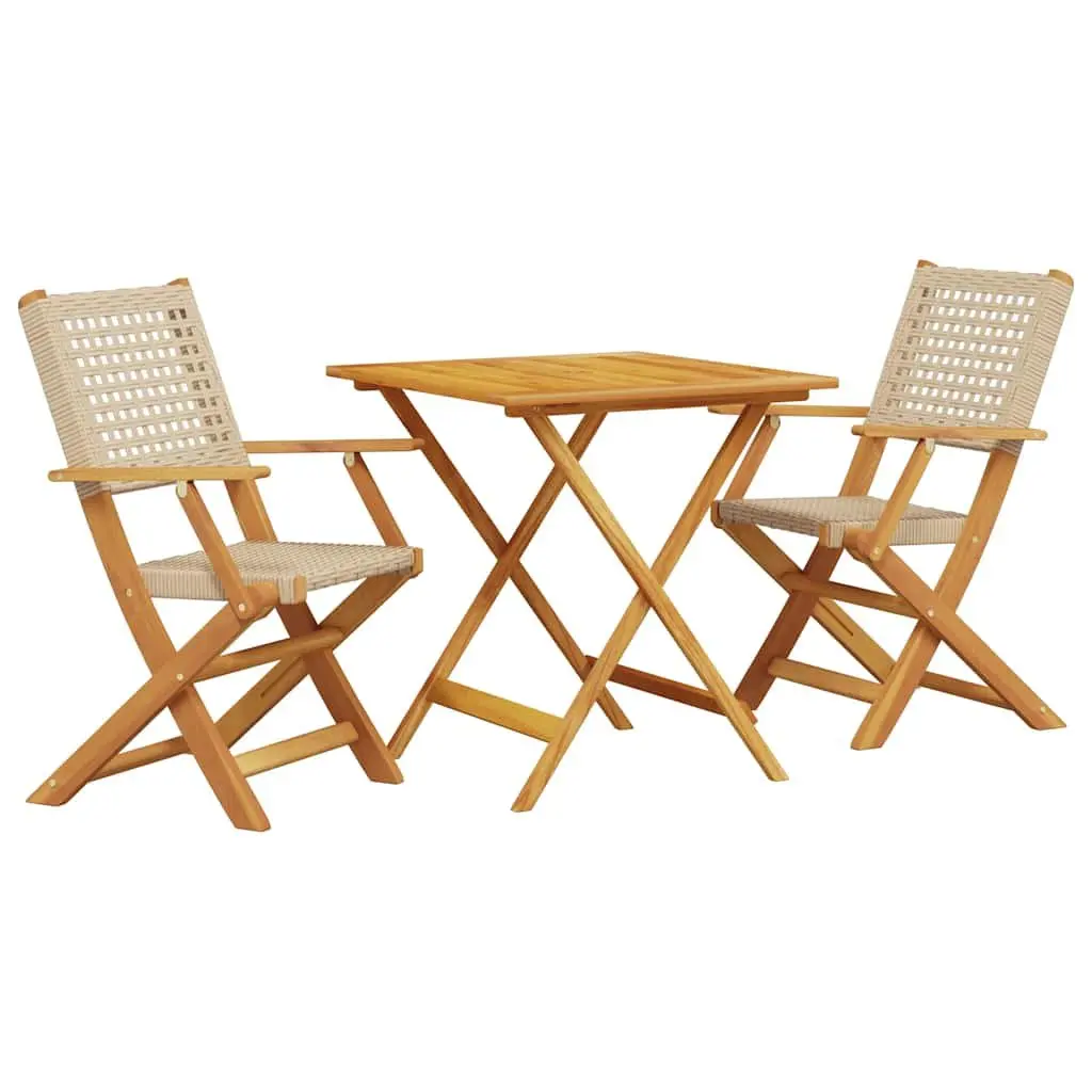 Bistro Set Poly Rattan Solid Wood 3 Piece Beige Garden Patio Furniture