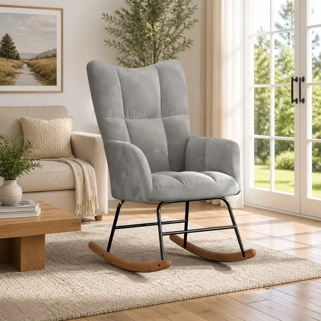 Grey Velvet Upholstered Rocking Chair for Comfort