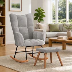 Elegant Grey Velvet Rocking Chair with Stool