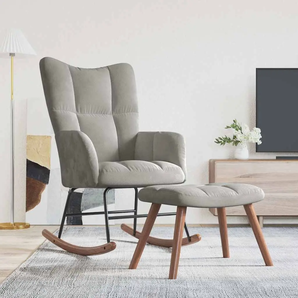 Grey Velvet Rocking Chair with Stool