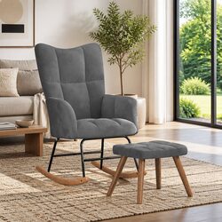 Stylish Grey Velvet Rocking Chair with Matching Stool