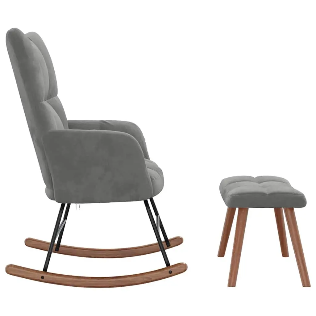 Rocking Chair Velvet Dark Grey Padded Armchair with Stool