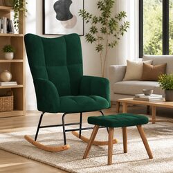 Durable Modern Rocking Chair with Stool in Dark Green Velvet