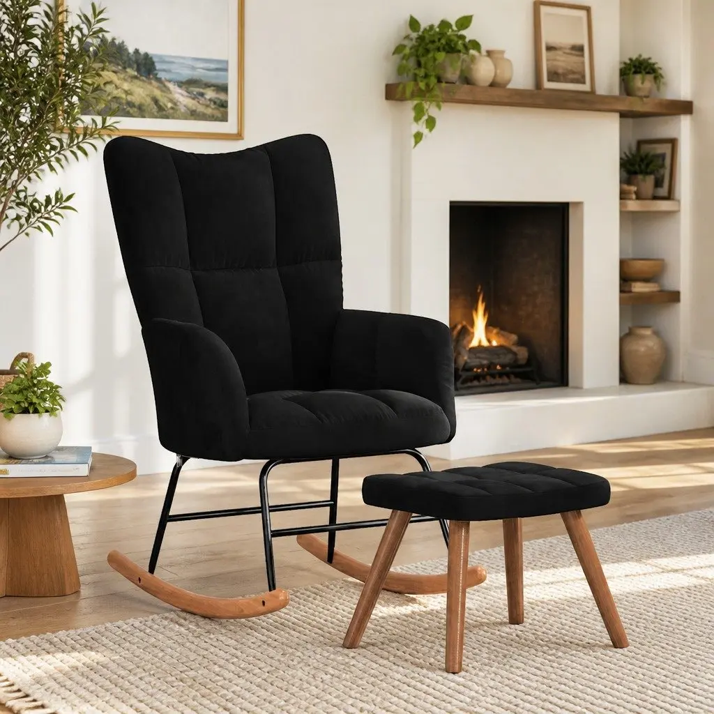 Black Velvet Rocking Chair with Stool