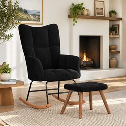 Modern Black Velvet Rocking Chair with Stool