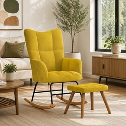 Durable Rocking Chair with Matching Stool in Yellow Velvet