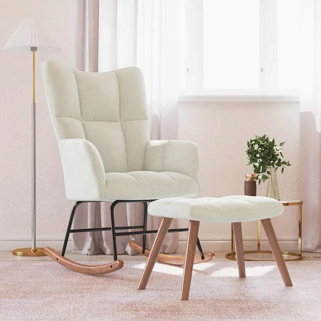 Rocking Chair Velvet Cream White with Stool
