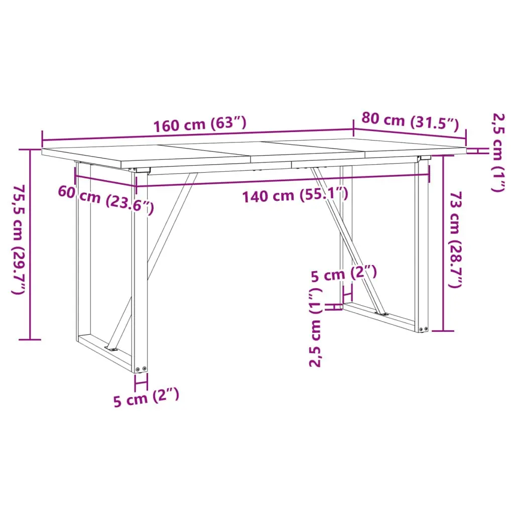 Solid Wood Pine Dining Room Table with Sturdy Metal O-Frame 160x80 cm