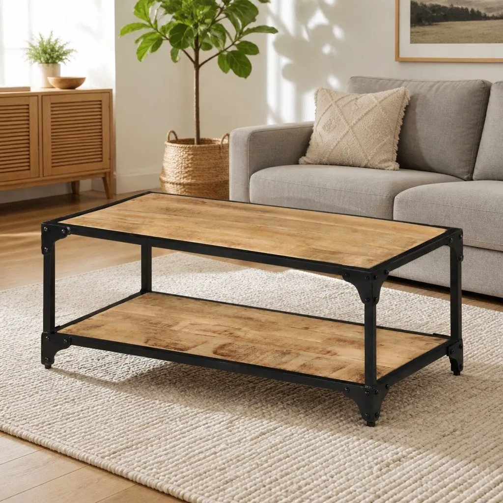 Solid Mango Wood Coffee Table with Iron Frame 90x45x35cm