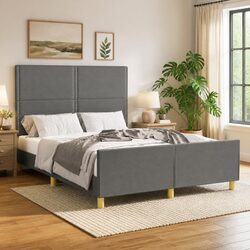 Durable Grey Fabric Double Bed Frame with Headboard 137x187 cm