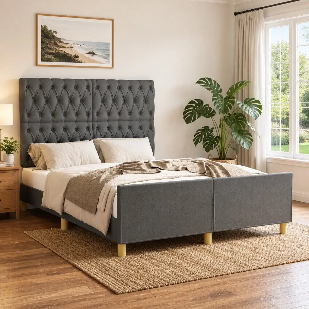 Double Bed Frame Fabric Grey 137x187cm