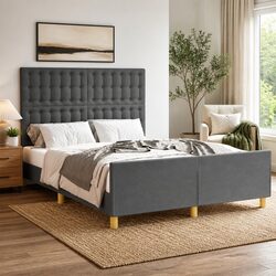 Stylish Double Bed Frame with Adjustable Grey Fabric Headboard