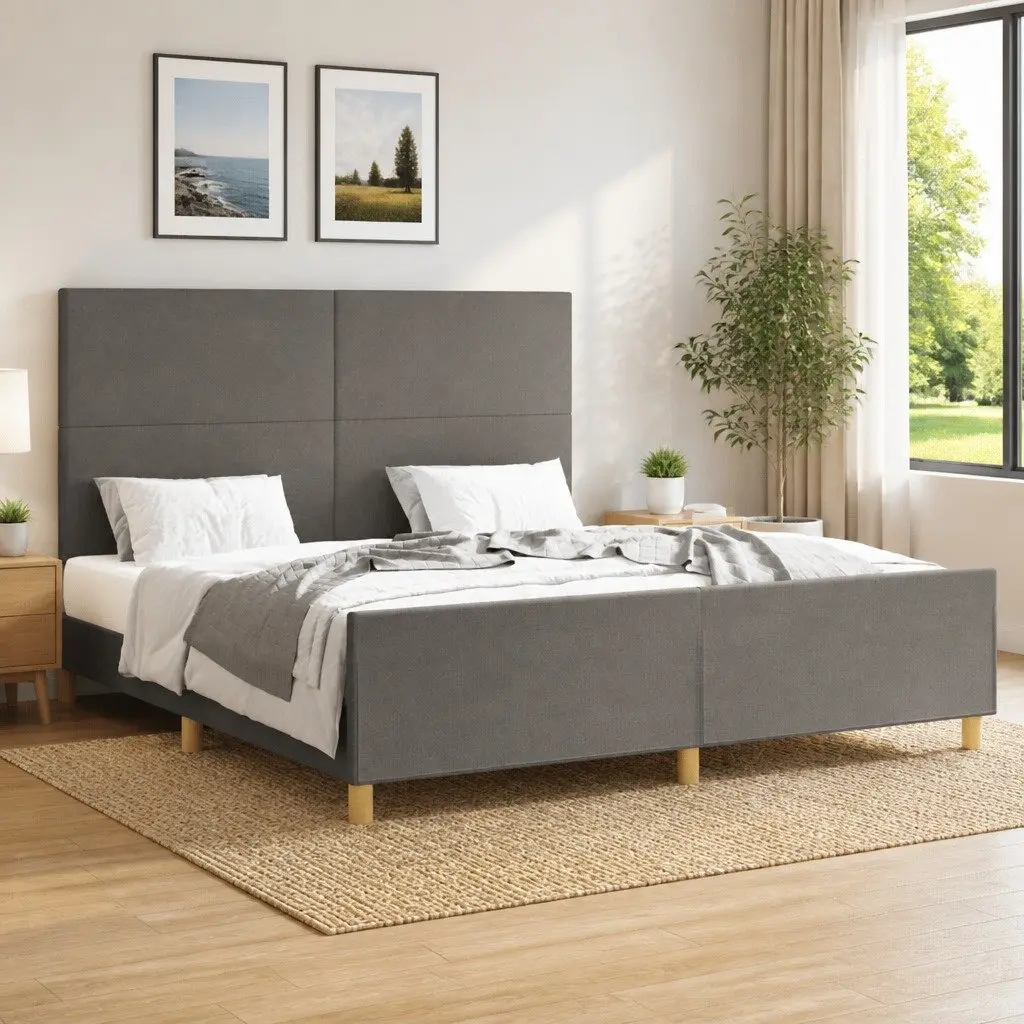 Grey Fabric Queen Bed Frame with Adjustable Headboard
