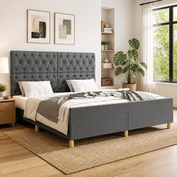 Stylish Grey Fabric Queen Bed Frame with Padded Headboard 152x203cm