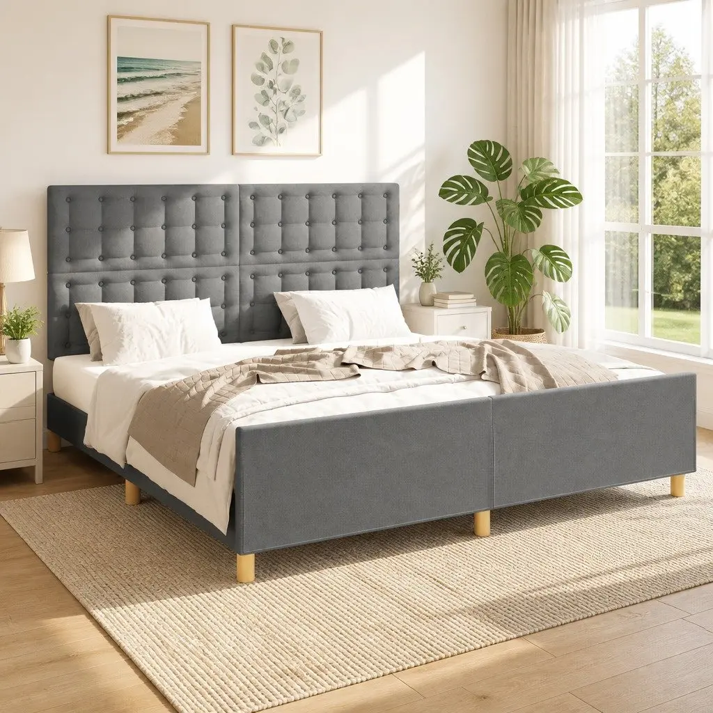 Grey Fabric Headboard Queen Bed Frame 152x203cm