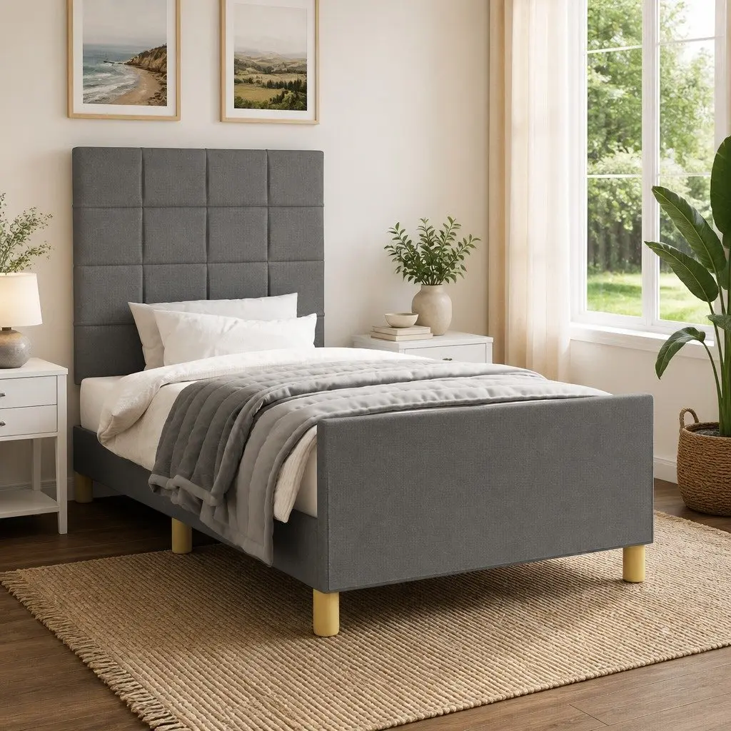 Grey Fabric King Single Bed Frame with Adjustable Headboard
