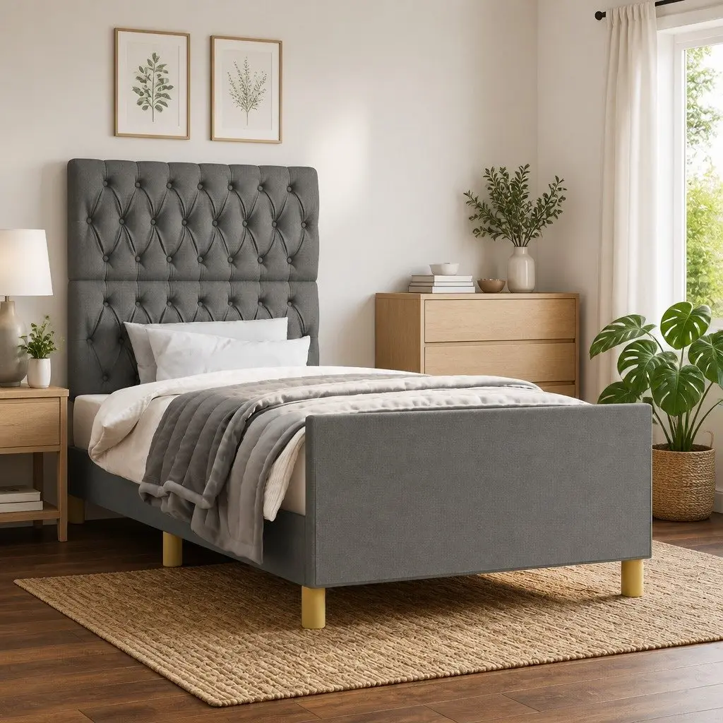 Bed Frame Fabric Grey 107x203 cm Upholstered with Headboard