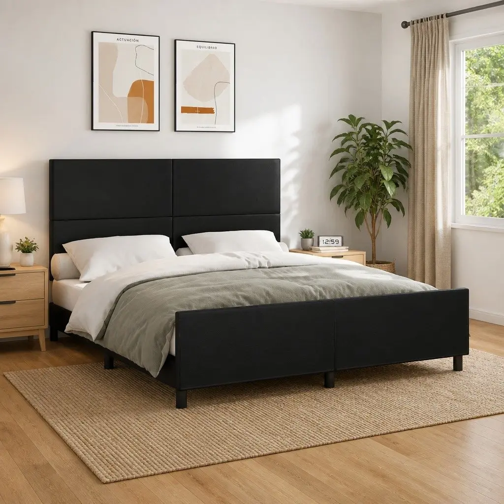 Queen Bed Frame Faux Leather Black Adjustable Height 152 x 203 cm