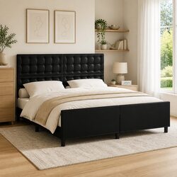 Durable Black Faux Leather Queen Bed Frame with Headboard