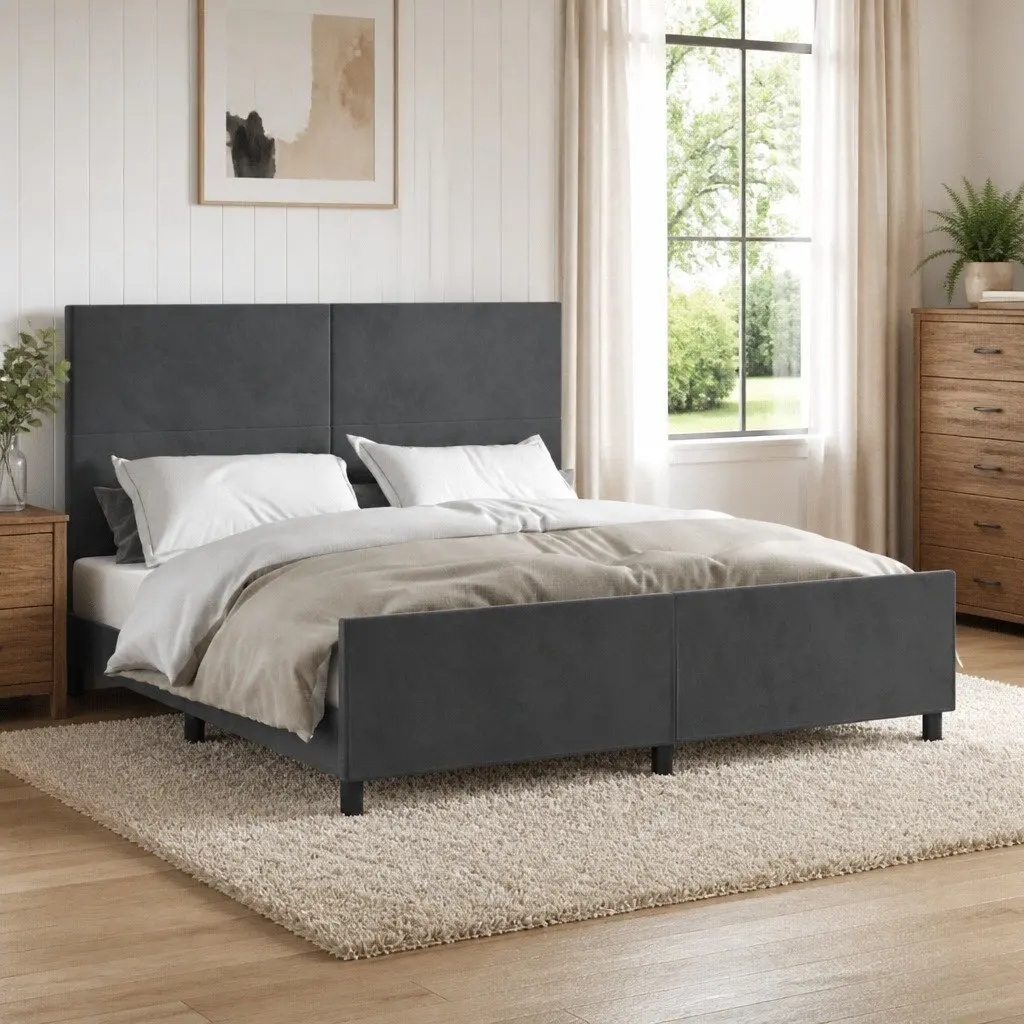 Dark Grey Velvet Queen Bed Frame with Adjustable Headboard