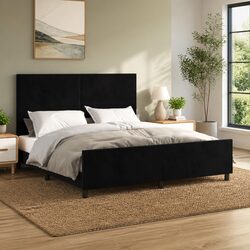 Black Velvet Queen Bed Frame with Adjustable Headboard