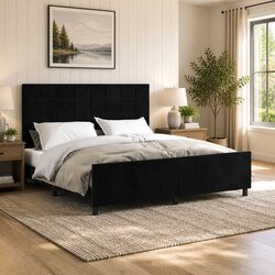 Black Velvet Queen Bed Frame with Adjustable Headboard