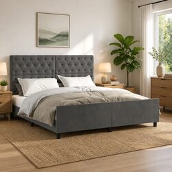 Dark Grey Velvet Queen Bed Frame with Adjustable Headboard