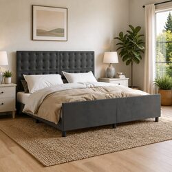Dark Grey Velvet Queen Bed Frame with Adjustable Headboard