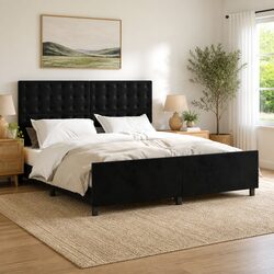Stylish Queen Bed Frame with Adjustable Black Velvet Headboard