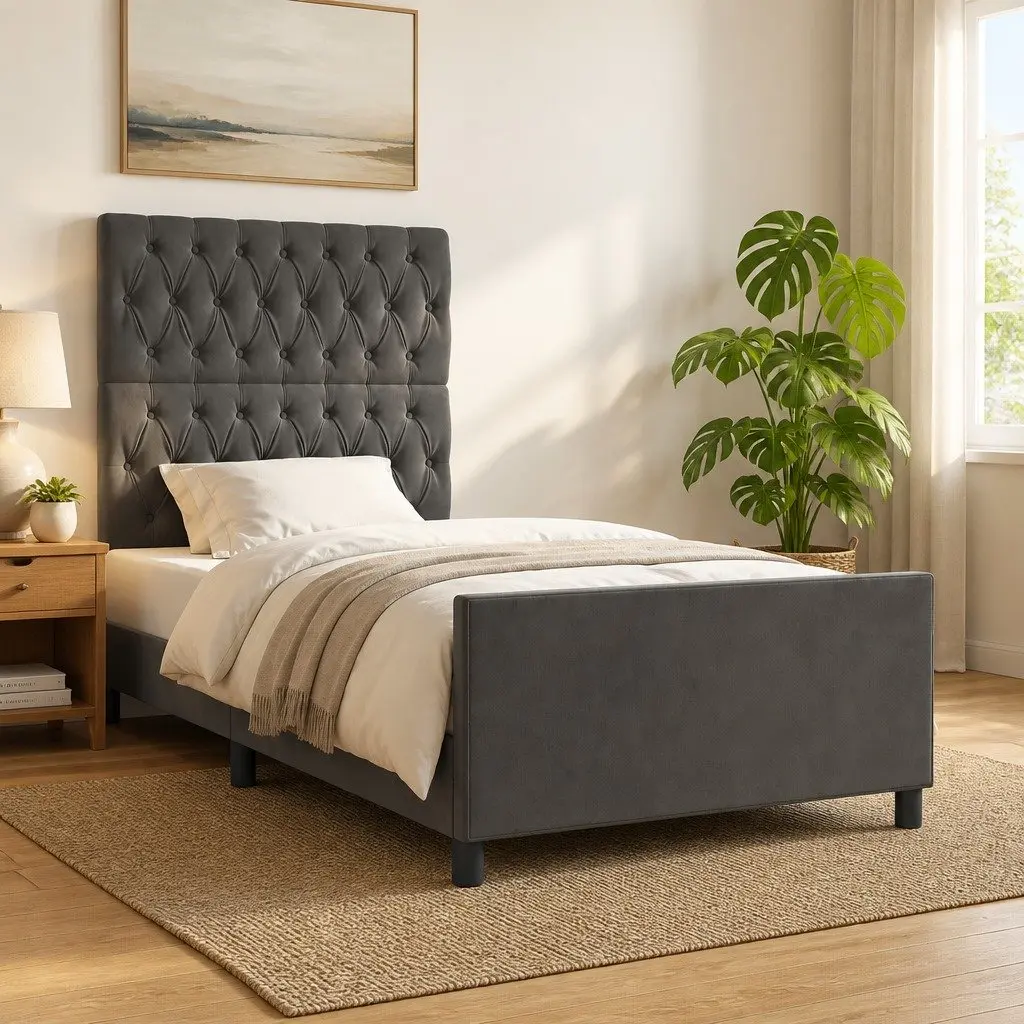 Grey Velvet King Single Bed Frame with Adjustable Headboard