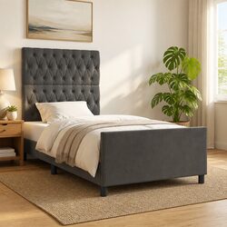 Grey Velvet King Single Bed Frame with Adjustable Headboard