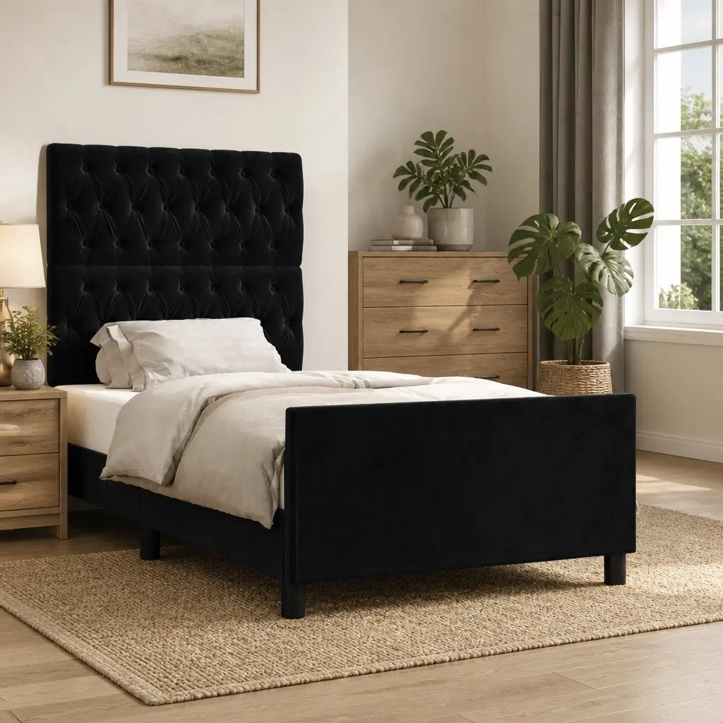 Adjustable King Single Bed Frame with Black Velvet Headboard