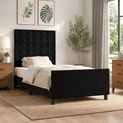 Sturdy King Single Bed Frame with Black Velvet Headboard