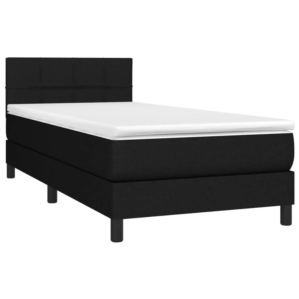 Box Spring Bed King Single 106x203 cm Black Fabric with Medium Firm Pocket Spring Mattress and Adjustable Headboard