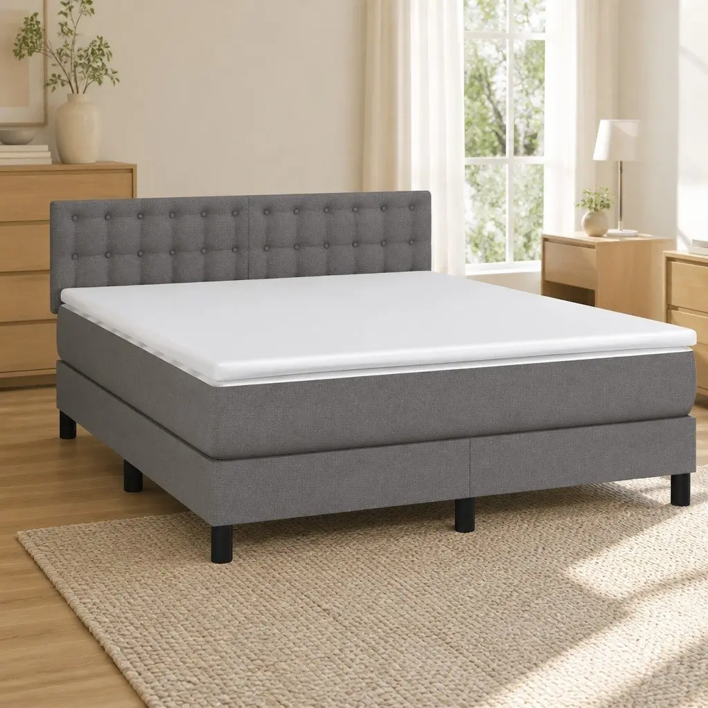 Queen Size Box Spring Bed with Pocket Mattress and Grey Fabric Headboard